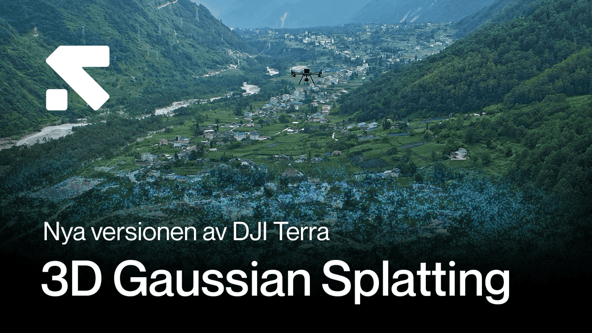 En drönare svävar över ett frodigt dalandskap, med text som annonserar den nya versionen av DJI Terra och 3D Gaussian Splatting.