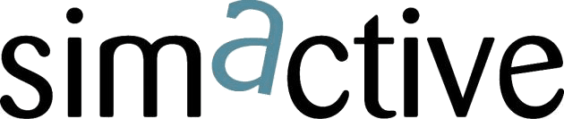 Logotyp för SimActive med stiliserad text där bokstaven 'a' är i blått.
