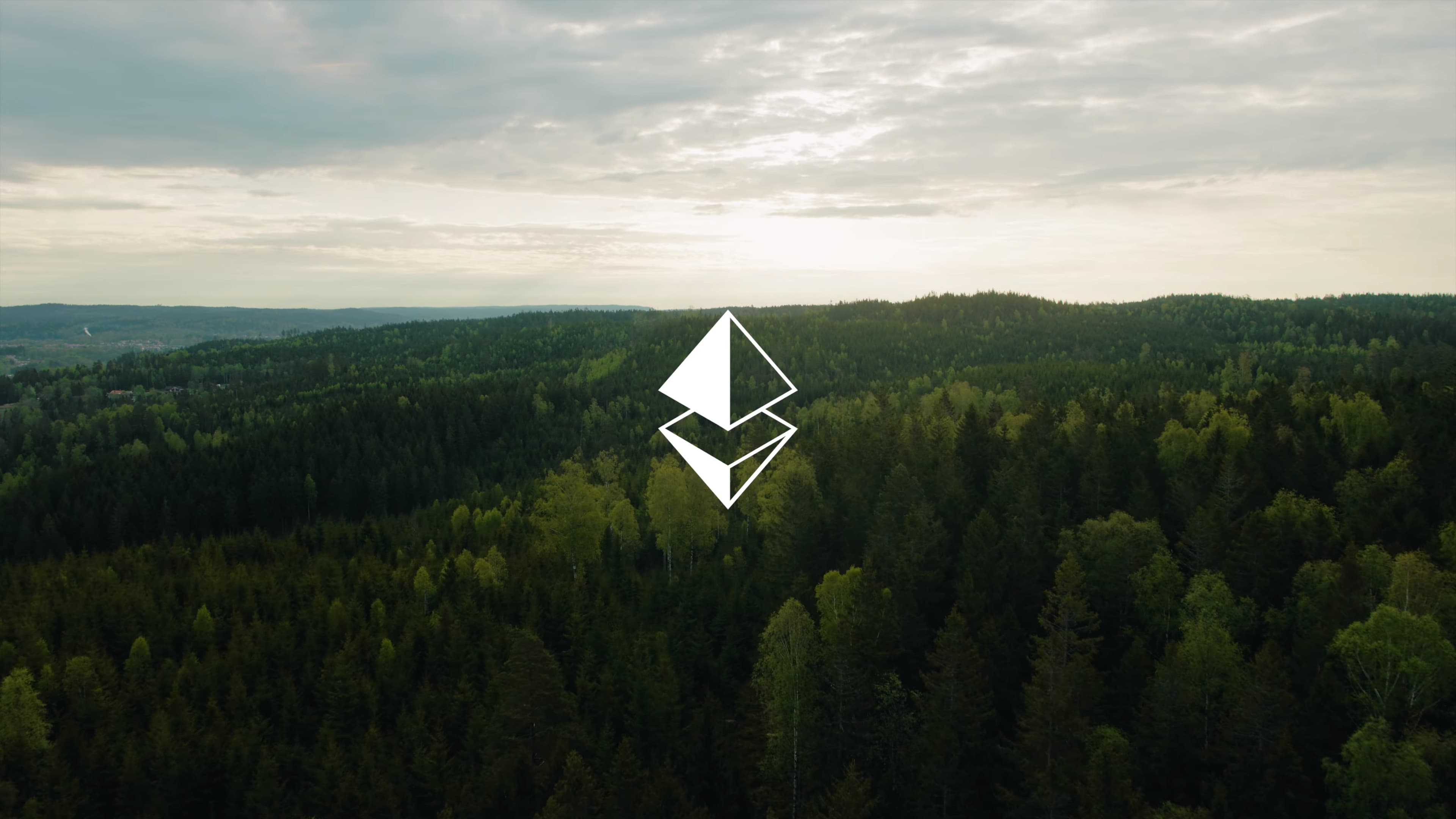 En tät skog sträcker sig över landskapet under en molnig himmel, med en geometrisk symbol svävande i förgrunden.