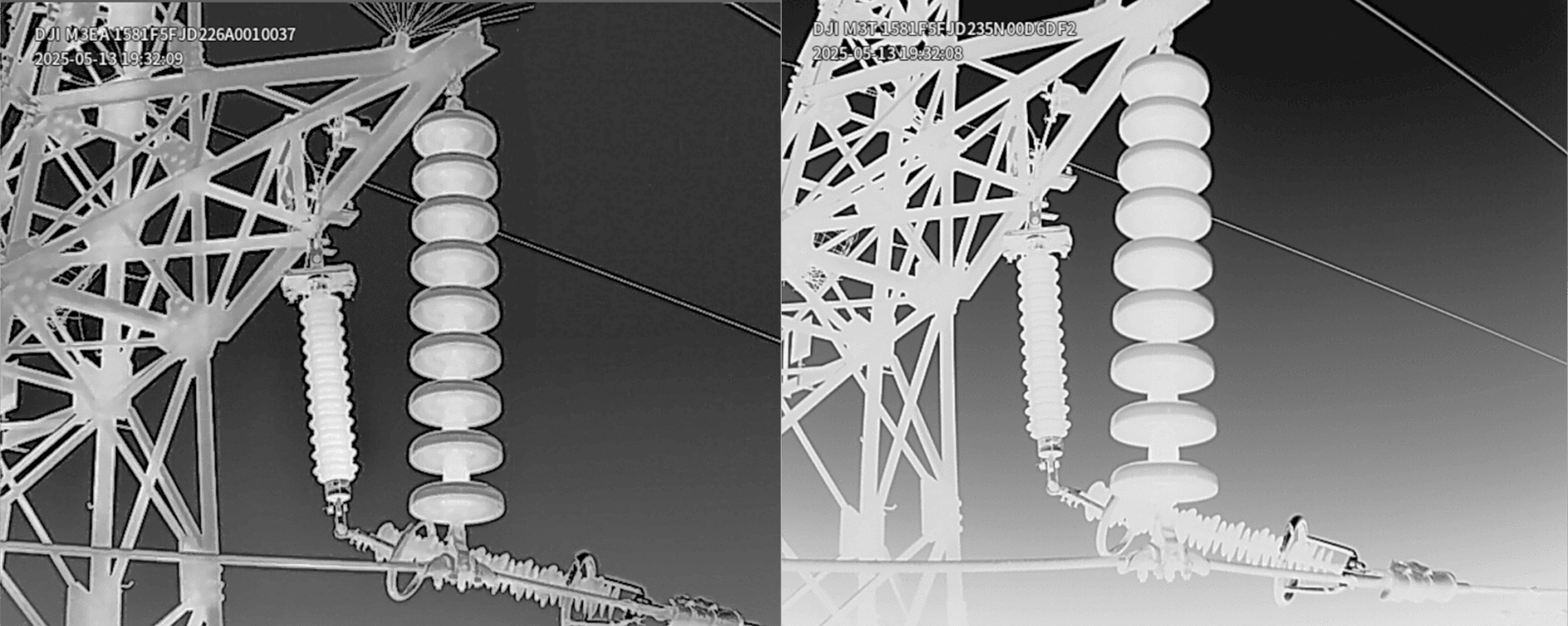 Termiska bilder av en kraftledning, jämförande vy mellan Mavic 3T Advanced och Mavic 3T, visar detaljer i isolatorstrukturen.