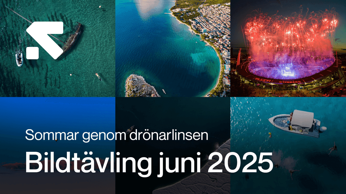 En collage av drönarbilder visar somriga landskap, en kuststad, en båt på klart vatten och ett stadion med fyrverkerier. Texten annonserar en fototävling i juni 2025.