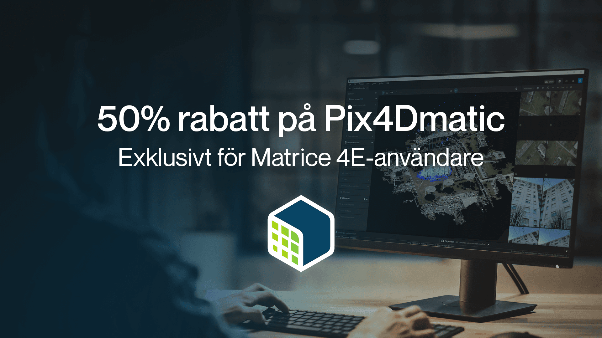 En datoranvändare arbetar med Pix4Dmatic-programvara på en skärm, med erbjudande om 50% rabatt för Matrice 4E-användare.