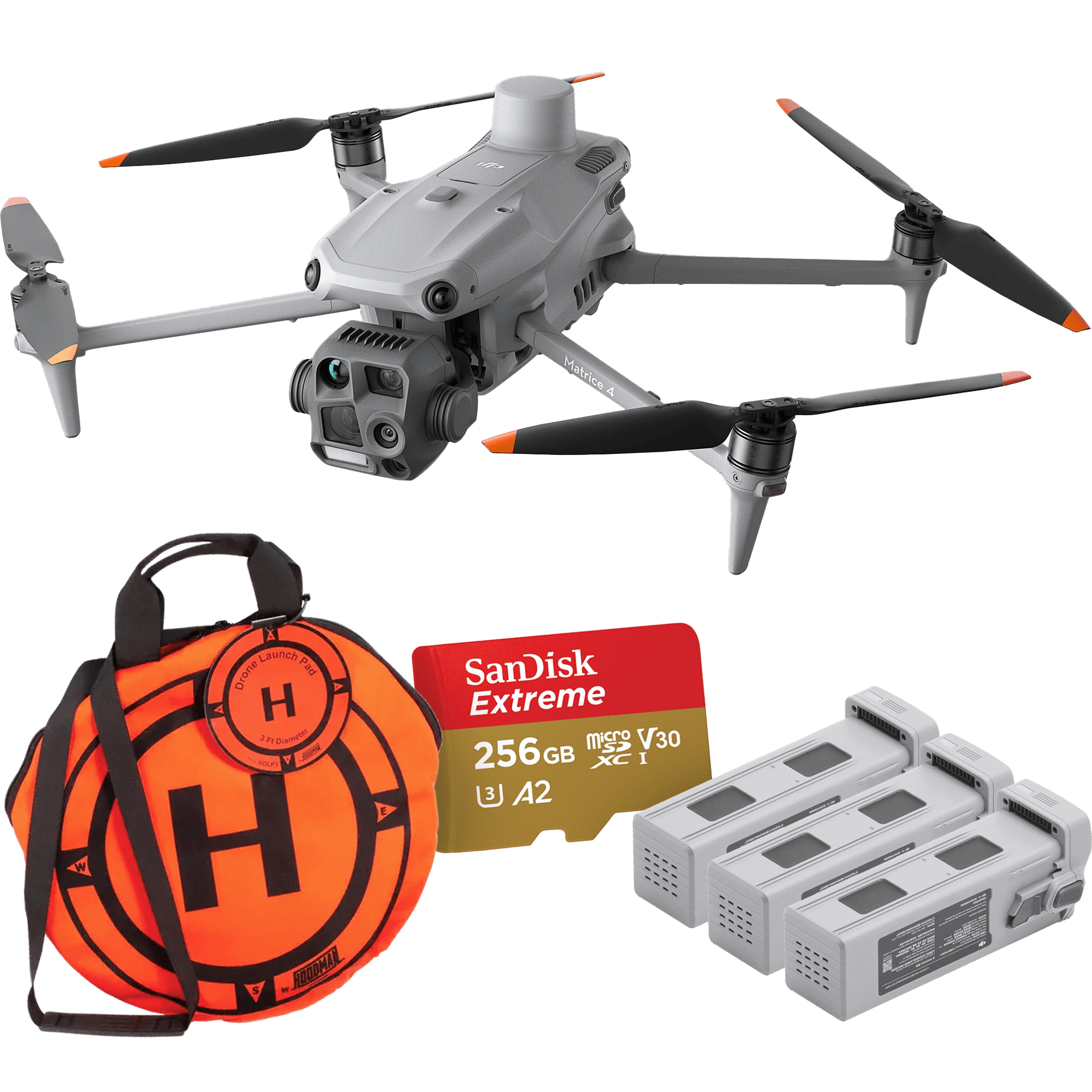 En avancerad drönare med fyra propellrar visas tillsammans med ett landningsunderlag, ett 256 GB minneskort och tre extra batterier.